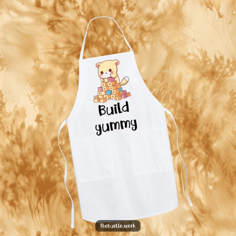 Funny animal character building a towering structure with blocks, wearing a chef hat, on a humorous apron.