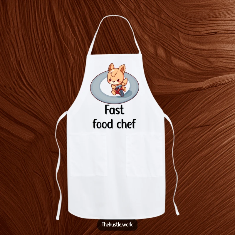 Funny apron showcasing a playful animal character focused intently on a winding track, ready for humorous culinary challenges.
