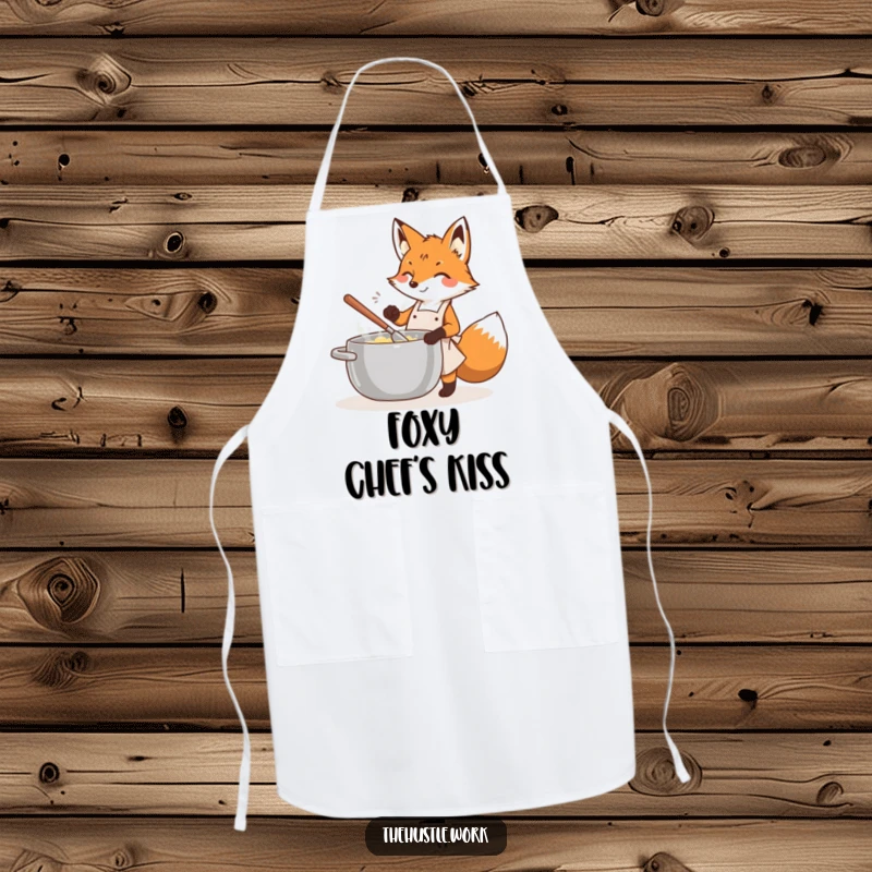 Funny fox wearing an apron, energetically stirring a large pot, printed on a functional kitchen apron.