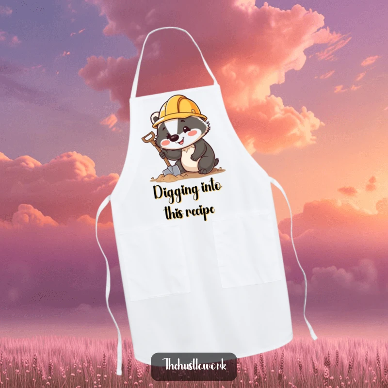 Funny Badger Apron showing a cheerful digger in a hard hat, ready to tackle kitchen tasks with a tiny shovel.