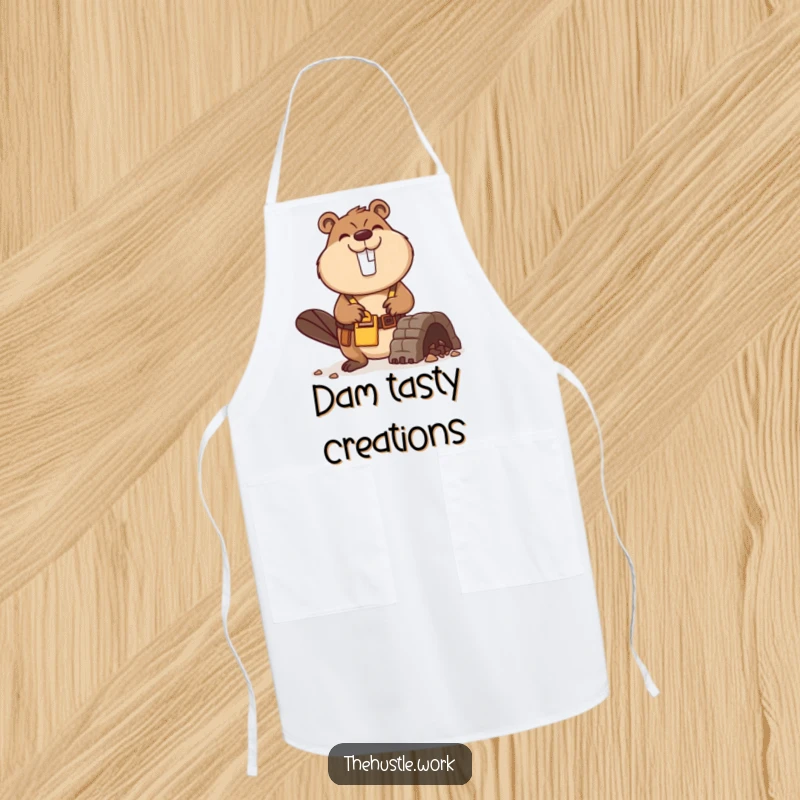 Funny Beaver Apron showing a busy builder with a tool belt, smiling while constructing a miniature dam, ready for tasks.