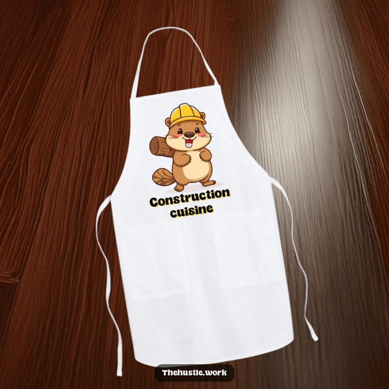 Funny beaver wearing a hard hat, enthusiastically carrying a log, printed on a functional kitchen apron.