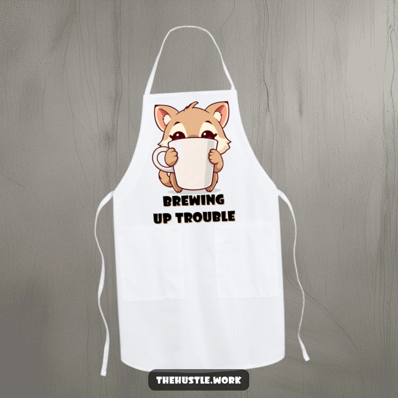 Funny apron showcasing an animal character with wide, energetic eyes, gripping a coffee cup, ready for humorous kitchen adventures.