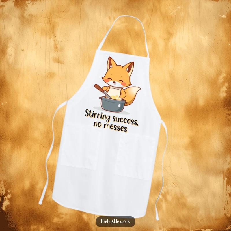 Funny Fox Chef Apron: Diligent fox wearing a small apron, enthusiastically stirring a bubbling pot, a playful kitchen accessory.
