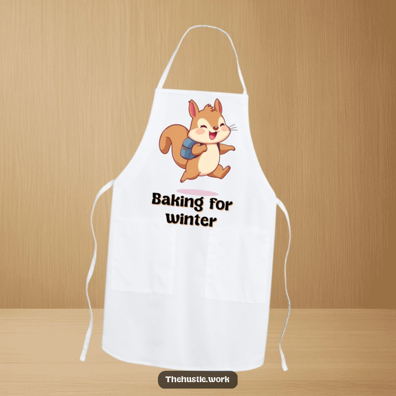 Funny squirrel wearing a backpack, leaping joyfully, printed on a functional kitchen apron.