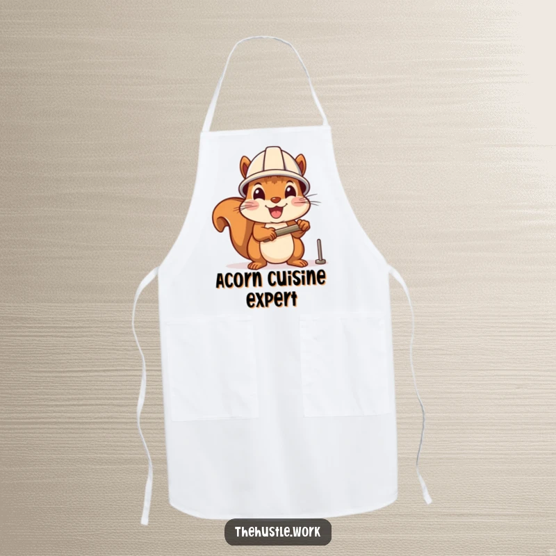 Funny apron: A cheerful squirrel wearing a hard hat enthusiastically hammers a nail, a humorous kitchen accessory for the handy cook.
