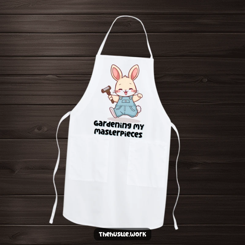 Funny rabbit wearing overalls, happily tumbling forward with a tool, printed on a functional workshop apron.