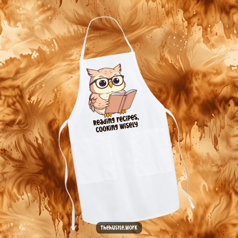 Funny Owl Apron showing a character with round glasses, intently reading a large book, ready for kitchen tasks.
