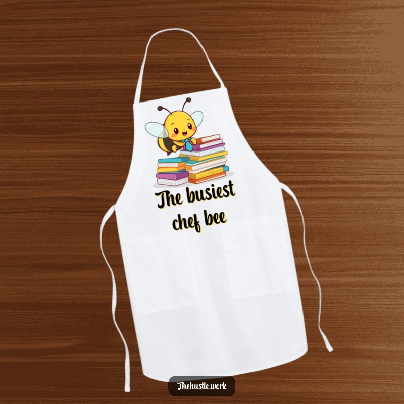 Funny apron: A busy bee with a tie buzzes around paper, a humorous kitchen accessory for the diligent cook.