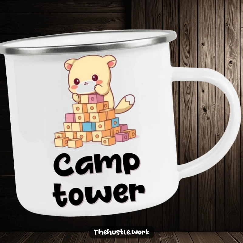 Funny animal character building a tower of blocks, with a campfire in the background, on a camping mug.