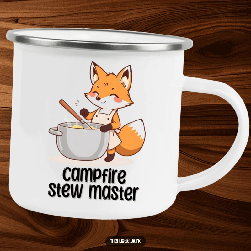 Funny fox wearing an apron, energetically stirring a large pot, on a durable camping mug for outdoor use.
