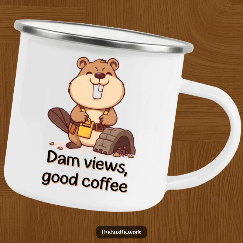 Funny Beaver Camping Mug featuring a busy builder with a tool belt, smiling while constructing a miniature dam, outdoor ready.