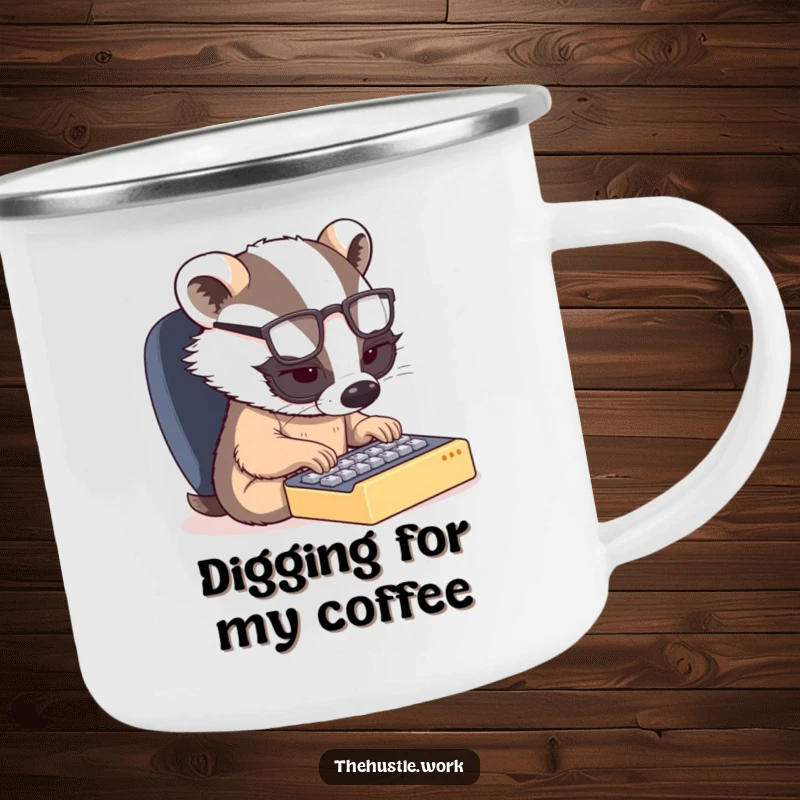 Funny camping mug: A determined badger with glasses types on a tiny keyboard, a humorous companion for outdoor focus.