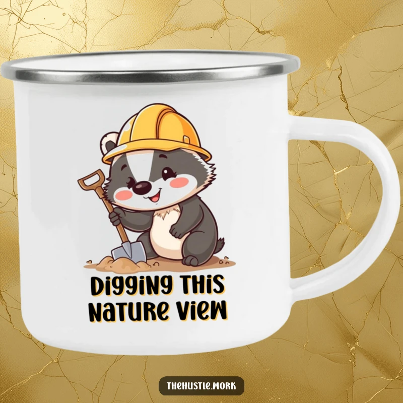 Funny Badger Camping Mug featuring a cheerful digger with a hard hat, enthusiastically digging, ready for the great outdoors.