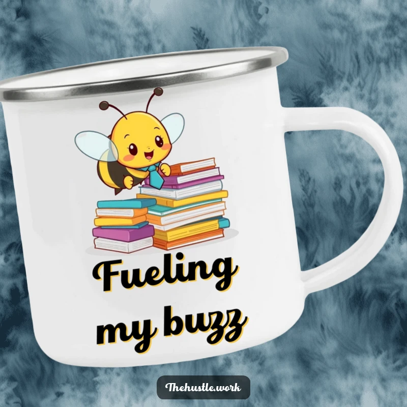 Funny camping mug: A busy bee in a tie buzzes around paper, a humorous companion for outdoor productivity.