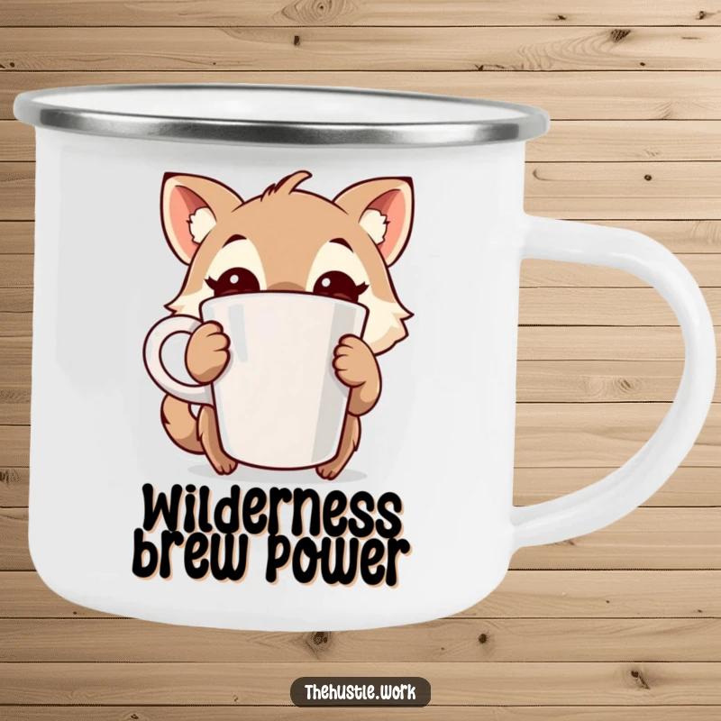 Funny camping mug with a wide-eyed animal character tightly gripping a large coffee cup, bringing humorous energy to the great outdoors.