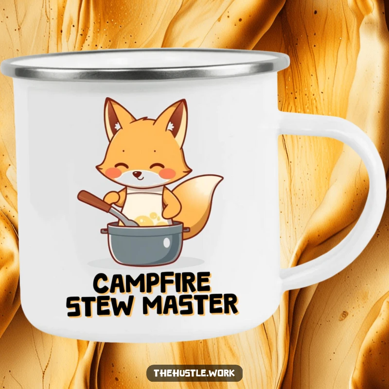 Funny Fox Chef Camping Mug: Diligent fox chef stirring a pot in an apron, ready for outdoor cooking fun.
