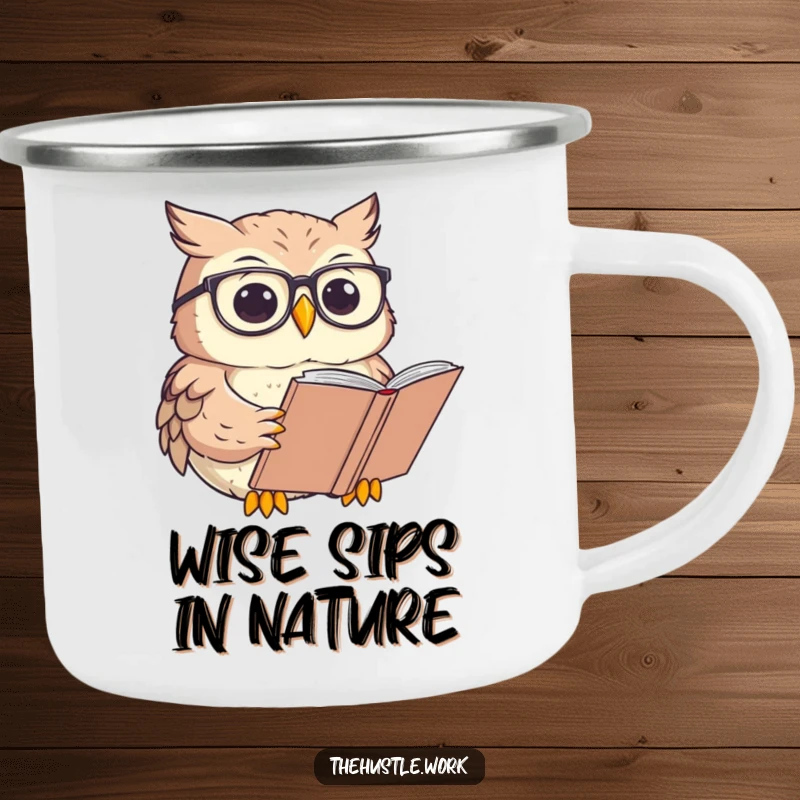 Funny Owl Camping Mug featuring a character with round glasses, focused on reading a large book, ready for adventures.