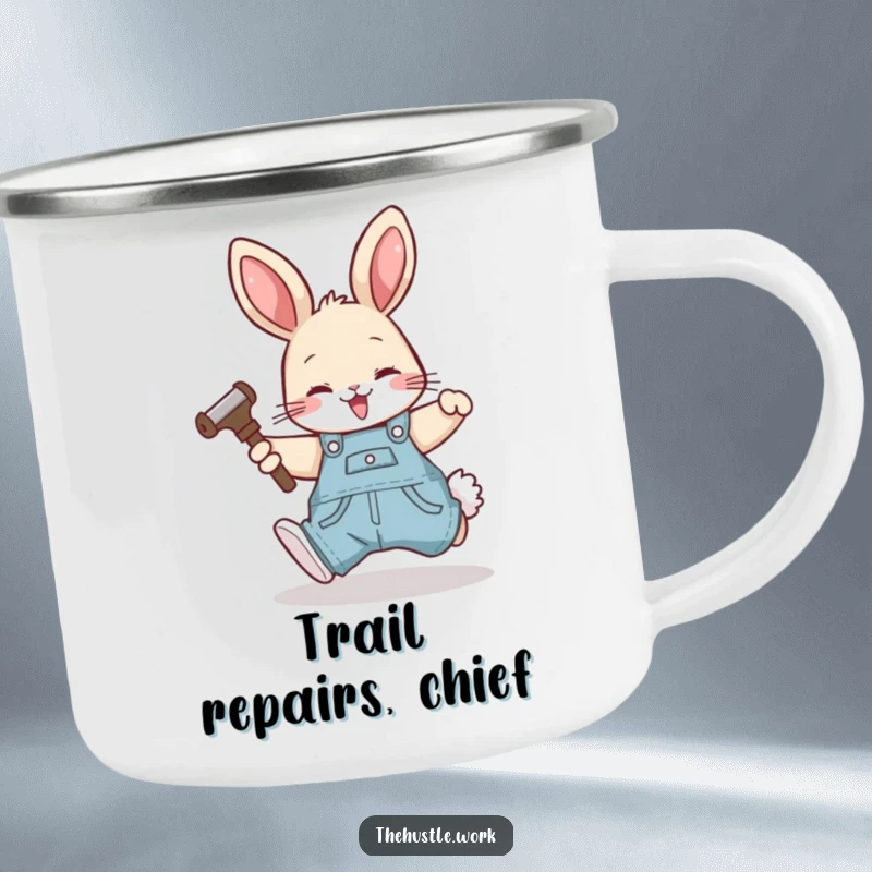 Funny rabbit wearing overalls, happily tumbling forward with a tool, on a durable camping mug for outdoor use.