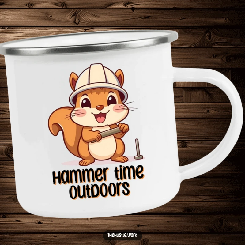 Funny camping mug: A cheerful squirrel in a hard hat enthusiastically hammers a nail, a humorous companion for outdoor projects.