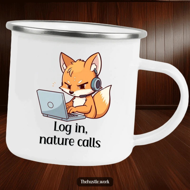 Funny Fox Camping Mug featuring a determined character with a headset, typing furiously on a laptop, ready for adventures.