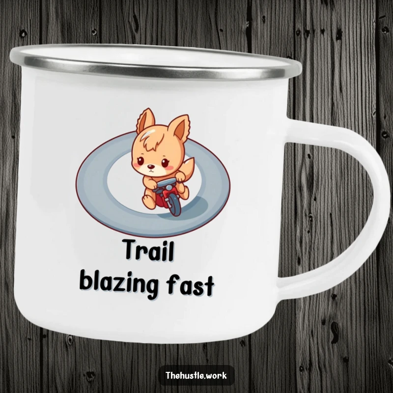 Funny camping mug with a playful animal character focused on a winding track, bringing humorous speed and energy to outdoor trips.