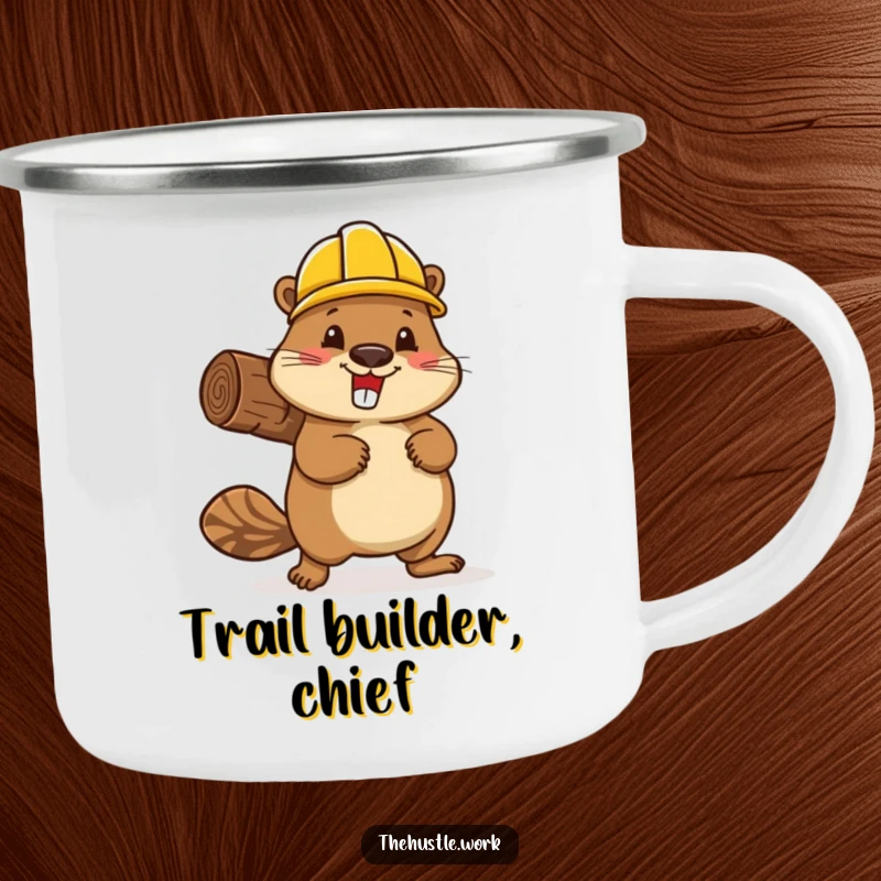 Funny beaver in a hard hat, enthusiastically carrying a log, on a durable camping mug for outdoor use.