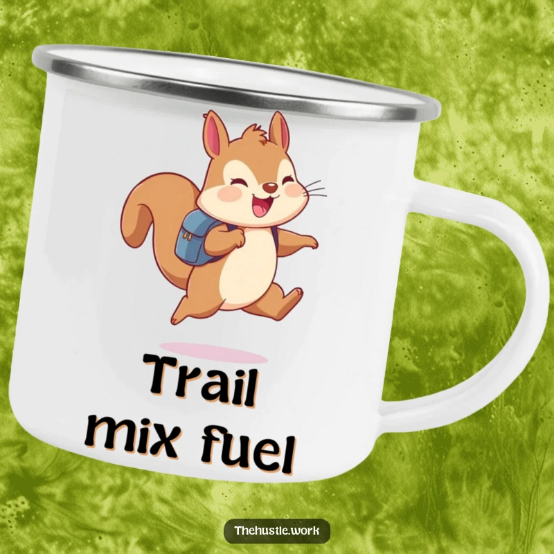 Funny squirrel wearing a backpack, leaping joyfully, on a durable camping mug for outdoor use.