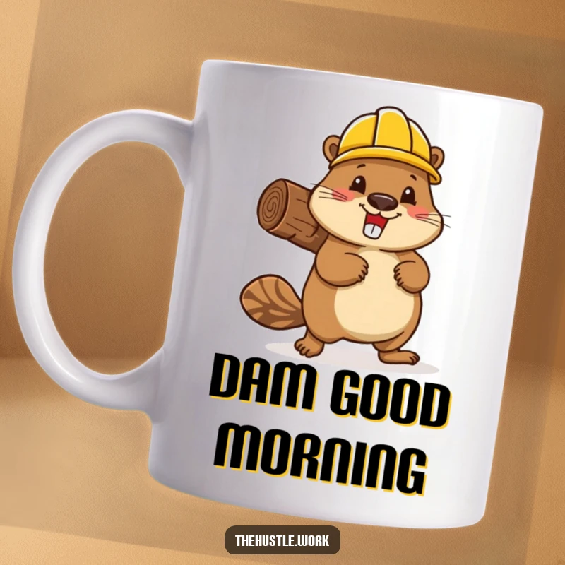 Funny busy beaver wearing a yellow hard hat, enthusiastically carrying a large log, on a coffee mug.