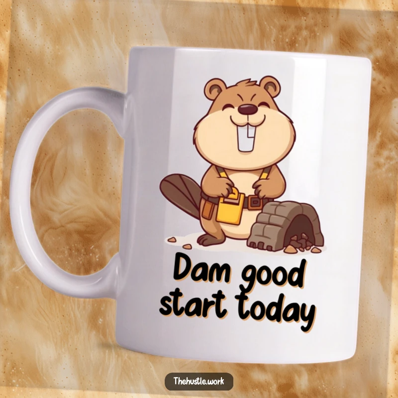 Funny Beaver Mug featuring a busy builder with a tool belt, smiling while constructing a miniature dam, a hardworking animal.