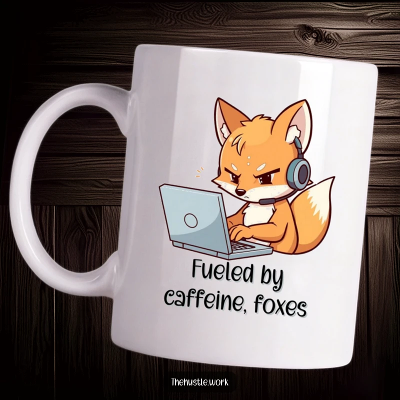 Funny Fox Mug featuring a determined character wearing a headset, typing furiously on a laptop, a true tech guru.