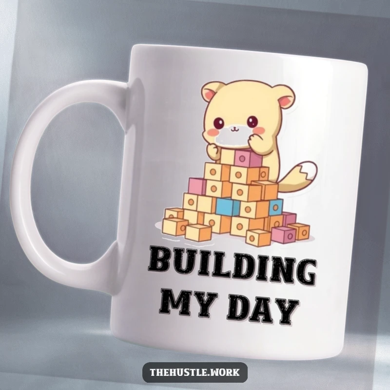 Funny cartoon animal character enthusiastically stacking colorful blocks to build a tall tower on a coffee mug.