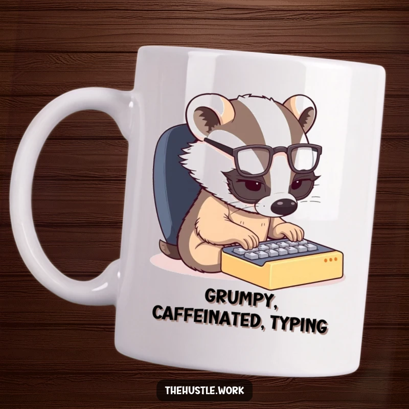 Funny mug: A small, determined badger with spectacles furiously types on a tiny keyboard, embodying intense work ethic.
