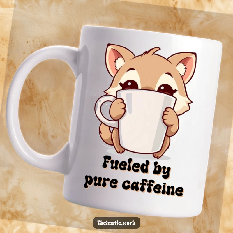 Funny mug featuring an animal character with wide, energetic eyes, tightly clutching a large coffee cup, ready to conquer the day.