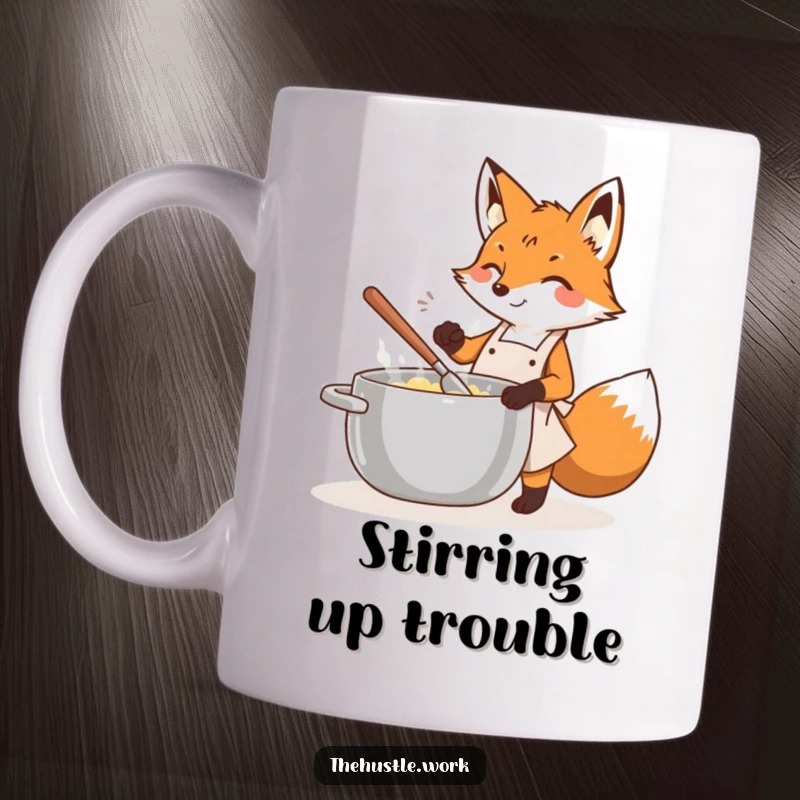 Funny fox wearing an apron, energetically stirring a large pot with a spoon, on a coffee mug.