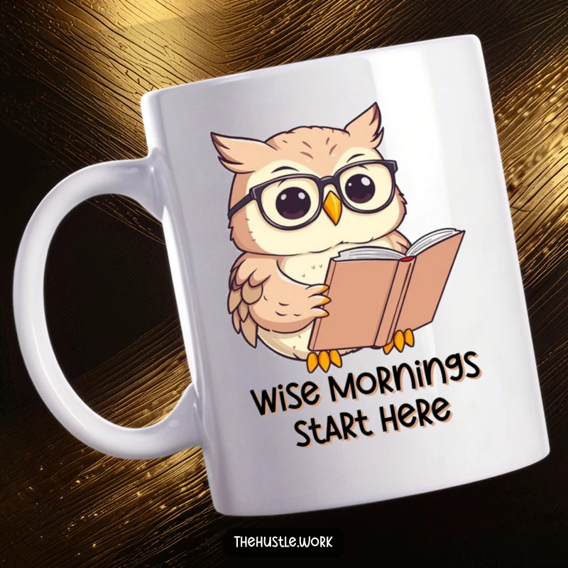 Funny Owl Mug with round glasses, focused on reading a large book, a wise and studious character.