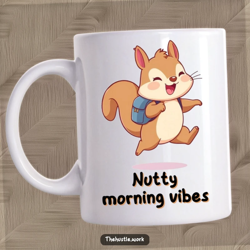 Funny cheerful squirrel wearing a small backpack, leaping joyfully mid-air, on a coffee mug.