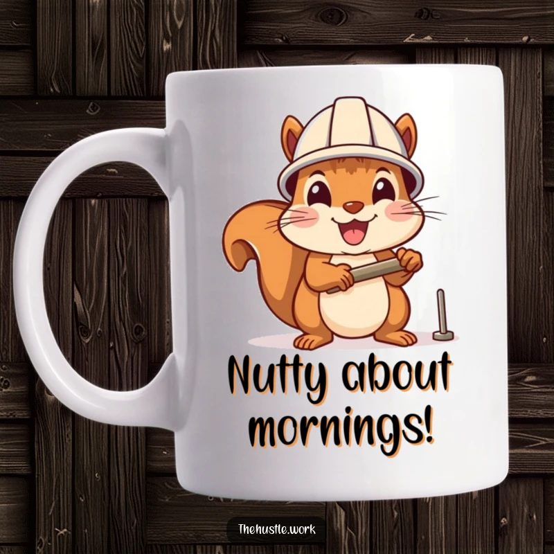 Funny mug: A cheerful squirrel wearing a tiny hard hat enthusiastically hammers a small nail, embodying industrious joy.