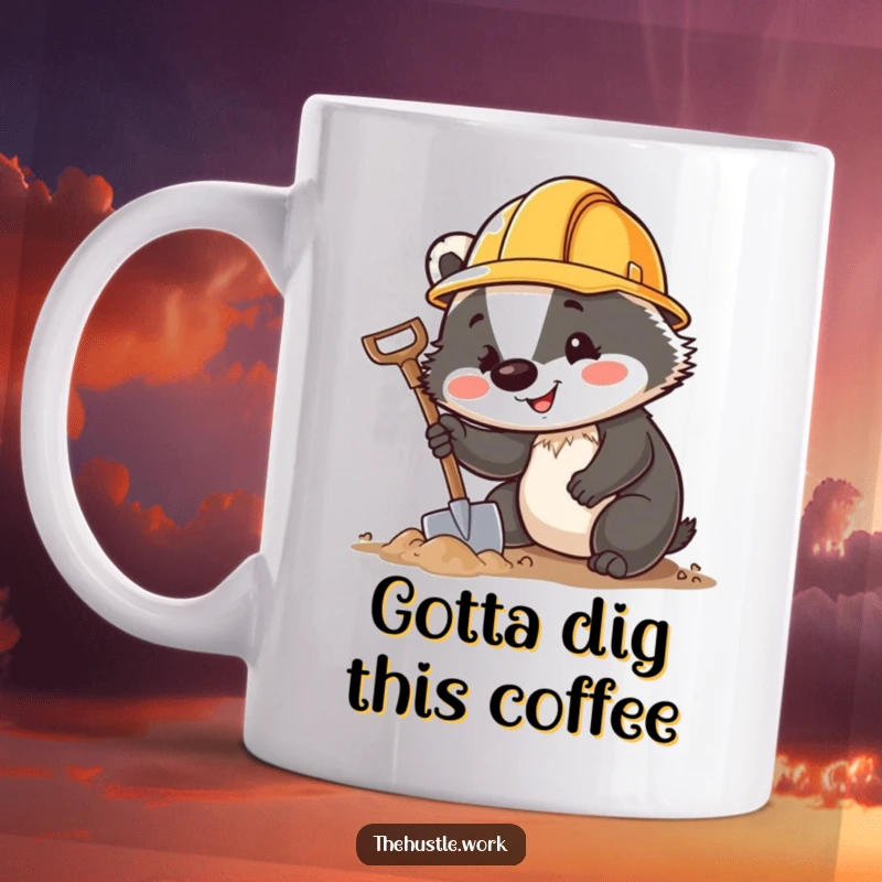Funny Badger Mug with tiny hard hat enthusiastically digging with a miniature shovel, a cheerful construction worker animal.