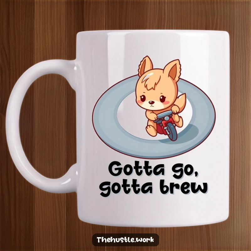 Funny mug featuring a playful animal character intensely focused on racing along a winding track, embodying humorous determination.