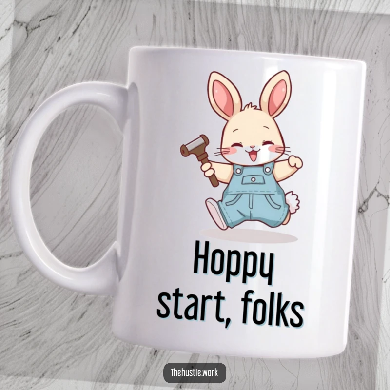 Funny rabbit wearing overalls, happily tumbling forward while holding a wrench, on a coffee mug.