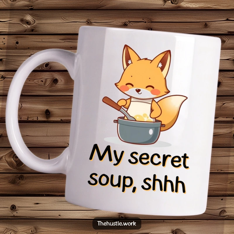 Funny Fox Chef Mug: Diligent fox wearing an apron, enthusiastically stirring a bubbling pot, perfect for kitchen lovers.