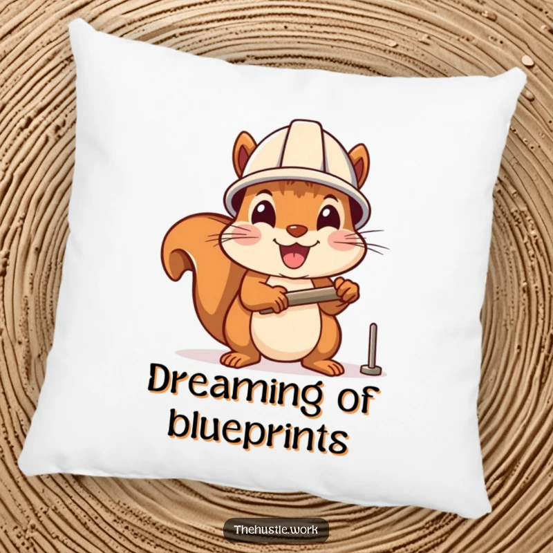 Funny pillow: A cheerful squirrel with a hard hat enthusiastically hammers a nail, a humorous and cozy addition.