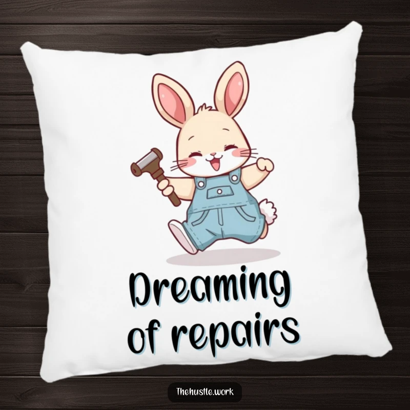 Funny rabbit wearing overalls, happily tumbling forward with a tool, depicted on a soft decorative pillow.
