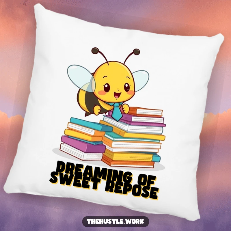 Funny pillow: A busy bee wearing a tie buzzes around papers, a humorous and comfortable addition to any room.