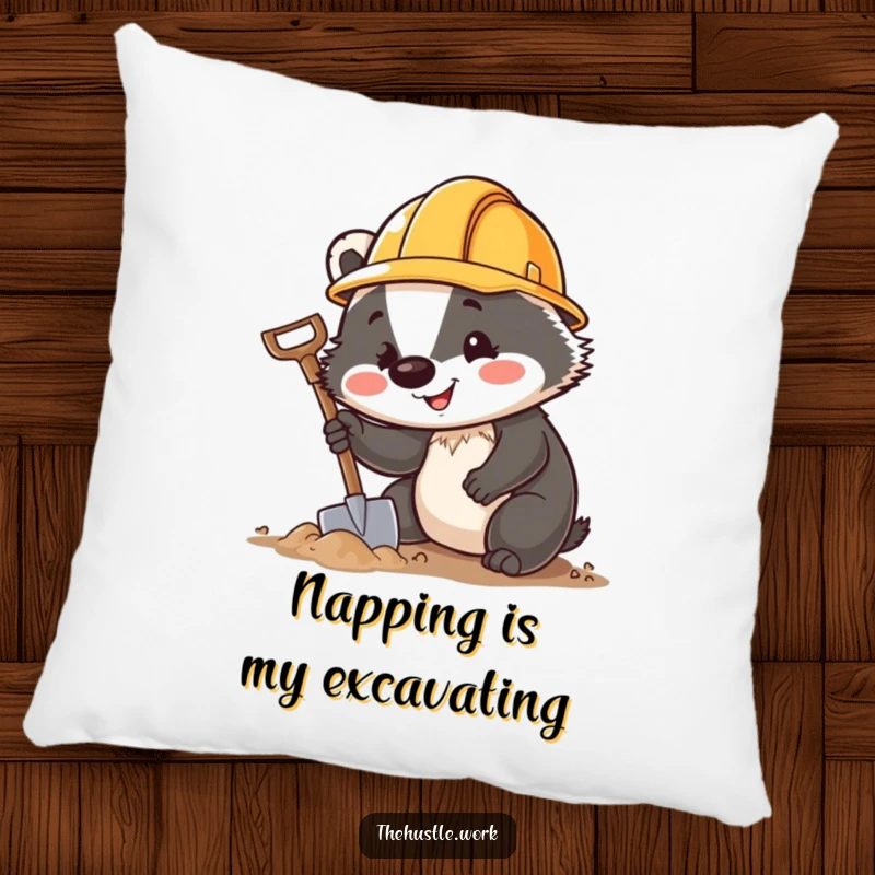 Funny Badger Pillow with a cheerful digger in a hard hat, holding a miniature shovel, perfect for cozy humor.