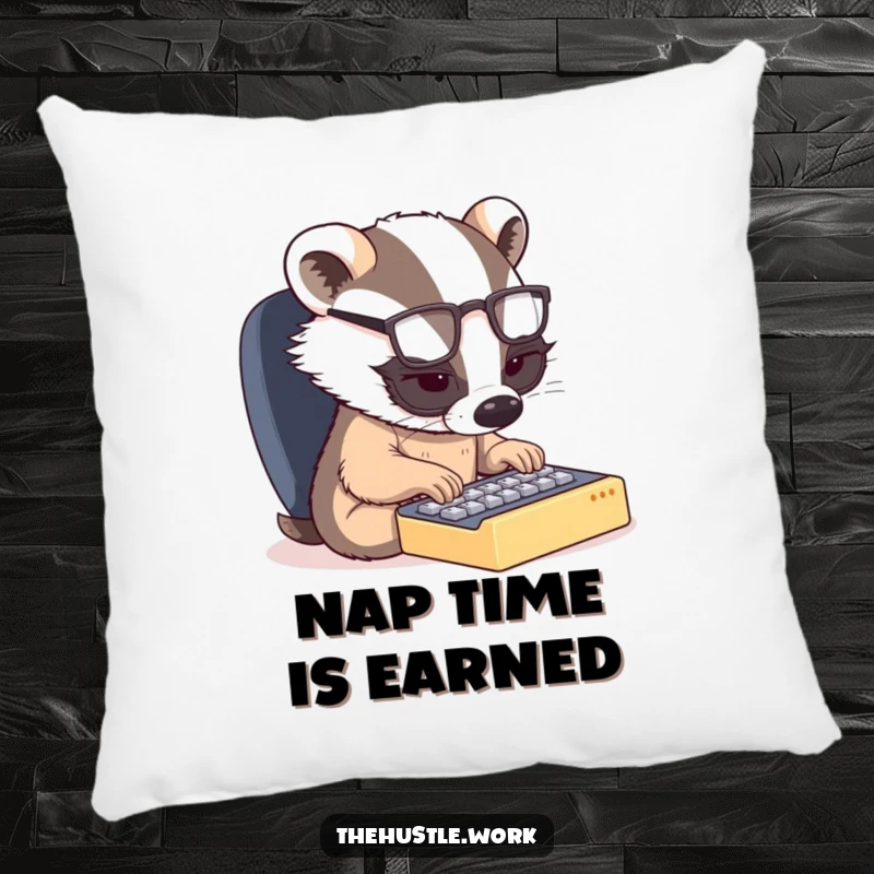 Funny pillow: A determined badger with spectacles types on a mini keyboard, a humorous and comfortable addition to any room.