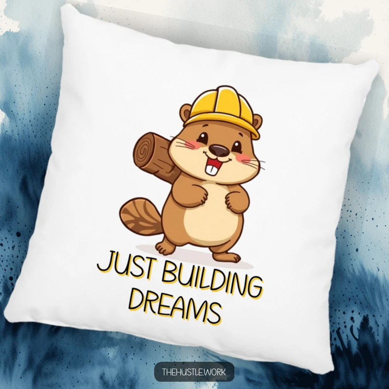 Funny beaver wearing a yellow hard hat, enthusiastically carrying a log, depicted on a soft decorative pillow.