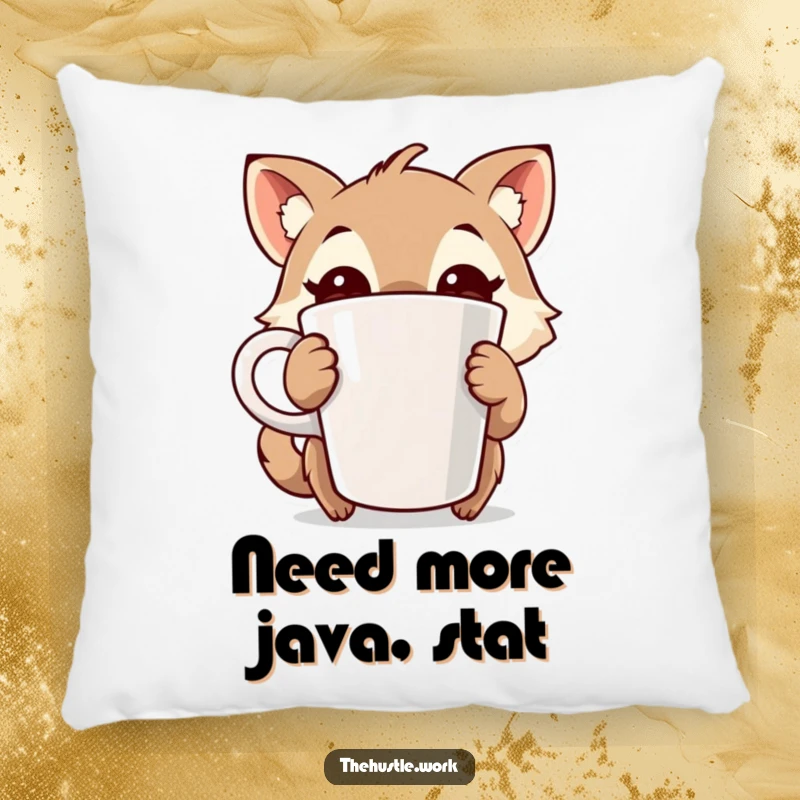 Funny pillow featuring a wide-eyed animal character securely holding a large coffee cup, offering humorous comfort and energy.