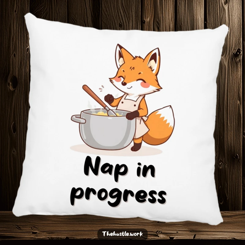 Funny fox wearing an apron, energetically stirring a large pot, depicted on a soft decorative pillow.